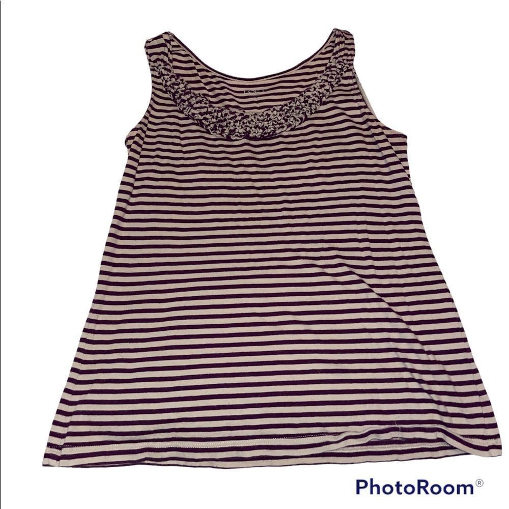 Loft womens stripe tank top‎ purple tan ruffle neckline shirt